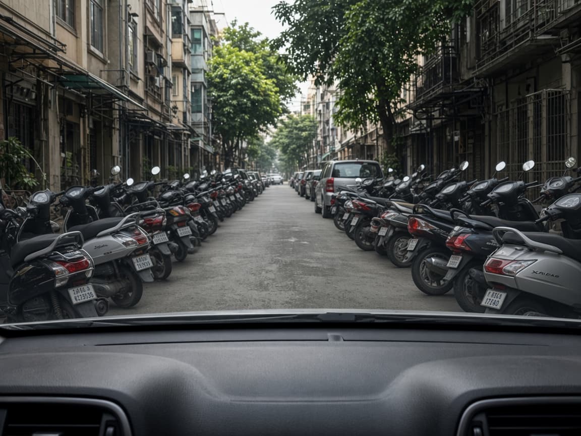 Driver view with scooters packed close on the left and the right
