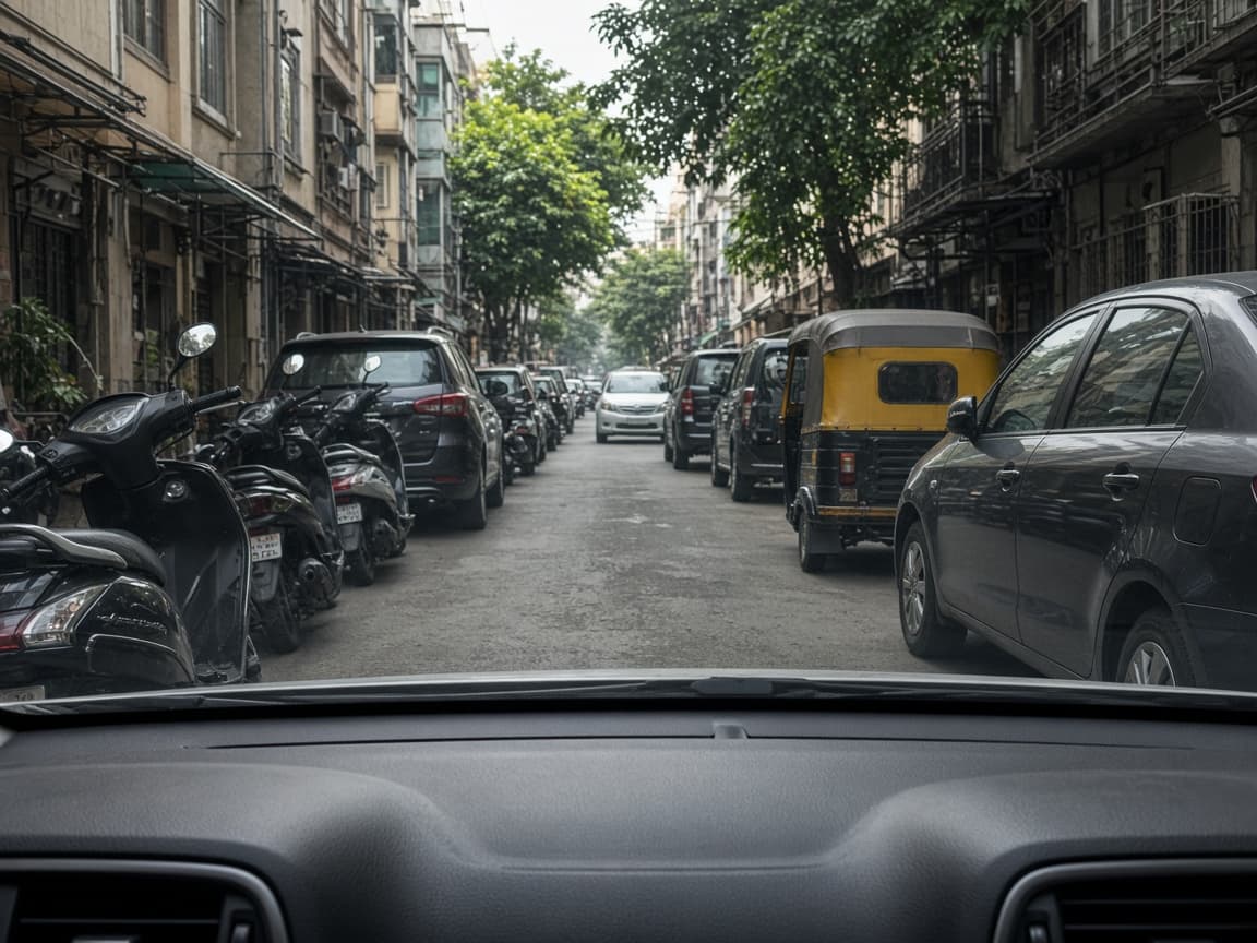 Driver view of a narrow street, scooters and cars close on the left, a car and an auto-rickshaw close on the right