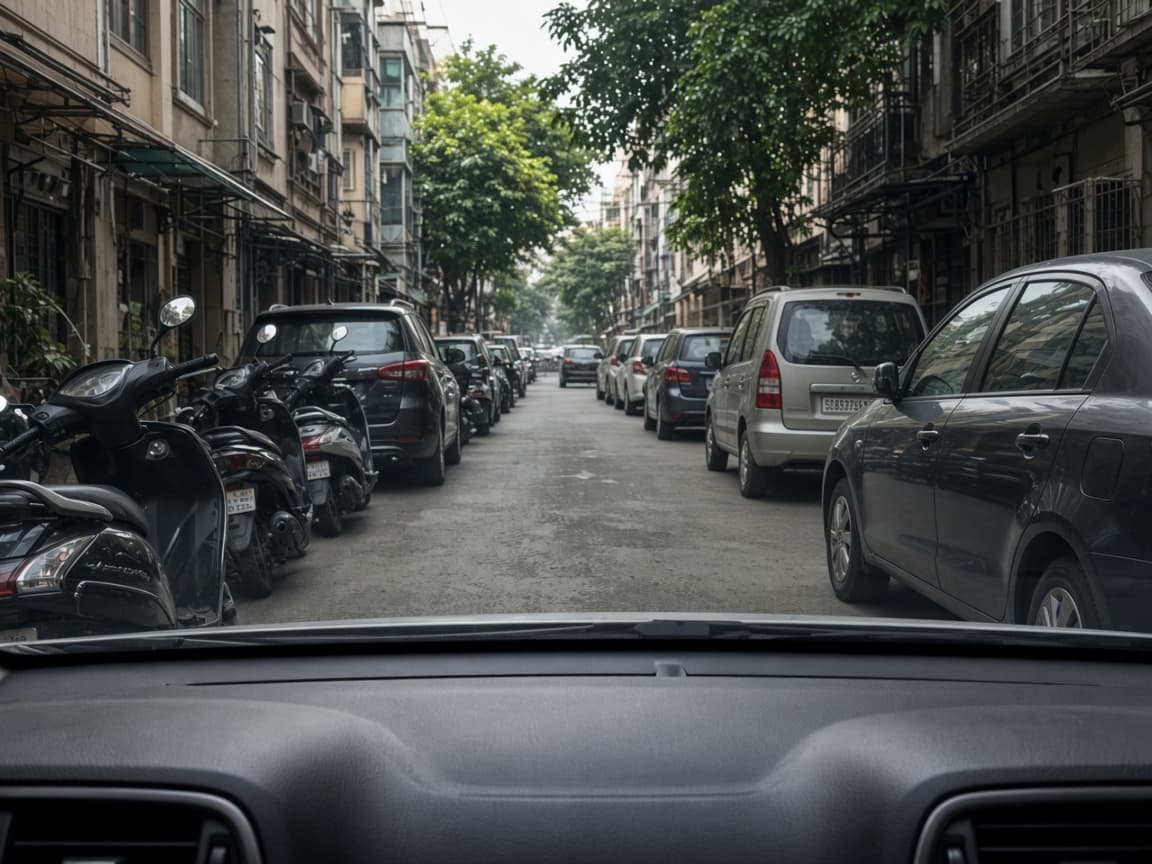 Driver view with scooters close on the left and cars and a van close on the right