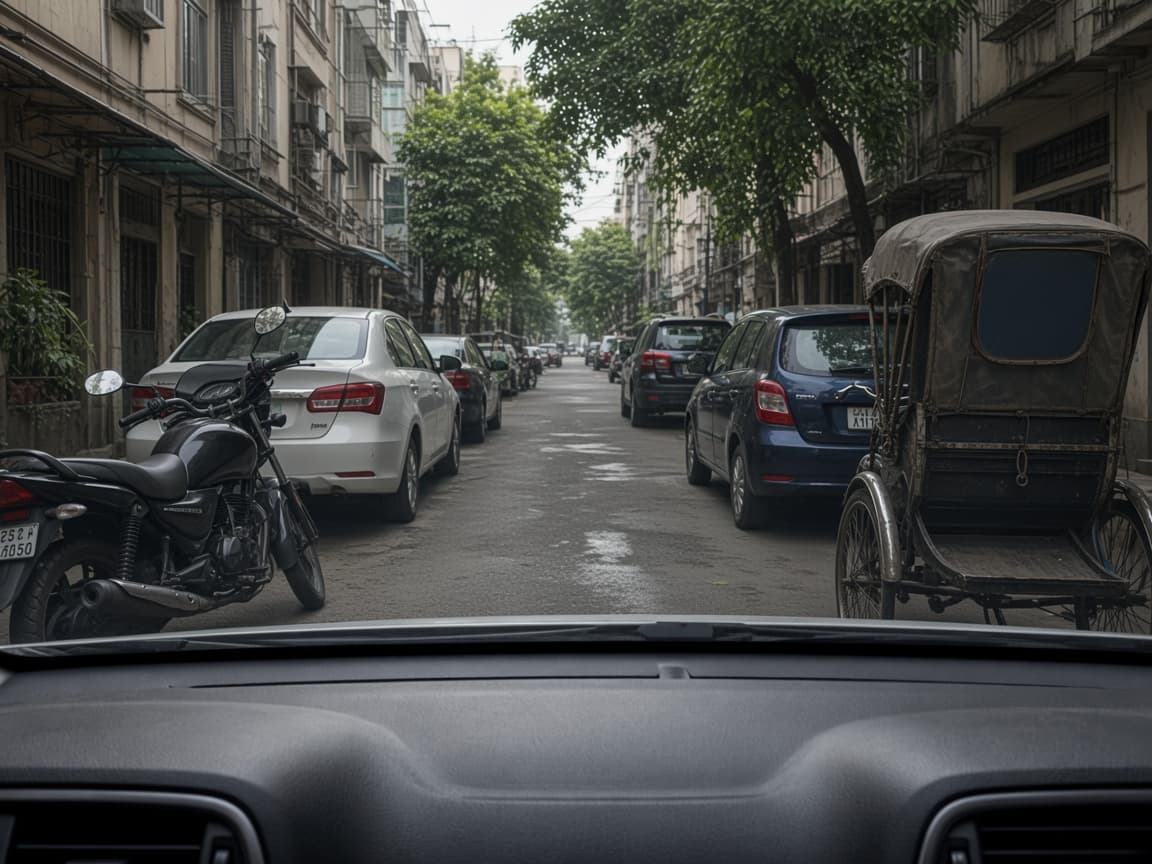 Driver view with a motorcycle and cars close on the left, and a rickshaw and cars close on the right